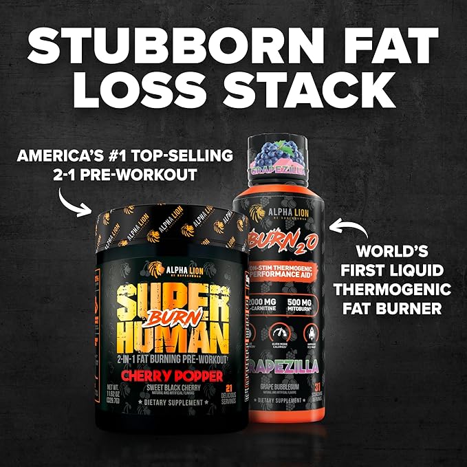 ALPHA LION Stubborn Fat Loss Stack – Superhuman Burn Pre Workout + Burn2O Liquid L-Carnitine 2000mg (Grapezilla) Non-Stim Thermogenic – Day &amp Night Metabolism Booster &amp Energy Stack for Men an