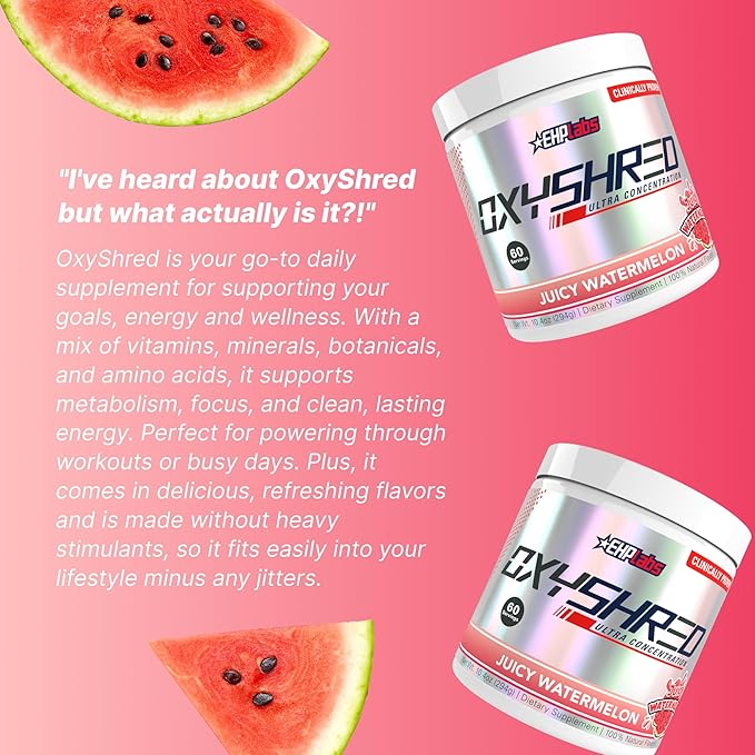 EHP Labs OxyShred Pre Workout Powder - Preworkout Powder with L Glutamine &amp Acetyl L Carnitine Energy Boost Drink - Juicy Watermelon 60 Servings