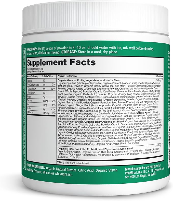 Zena Nutrition Organic Super Greens Powder 70+ Superfoods 0 Sugar 3G Fiber Spirulina Chlorella Mushrooms Prebiotics/Probiotics Digestive Enzymes for Gut Health Green Apple 30 Servings