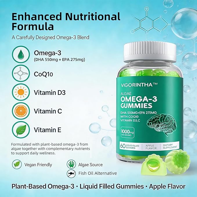 Vegan Omega-3 Algae Oil Supplement with DHA 300mg &amp EPA 150mg Plant-Based Omega-3 with Vitamin D3 &amp K2 Fish-Free Algal Oil Softgels for Men &amp Women 2 Pack 120 Softgels 60 Day Supply