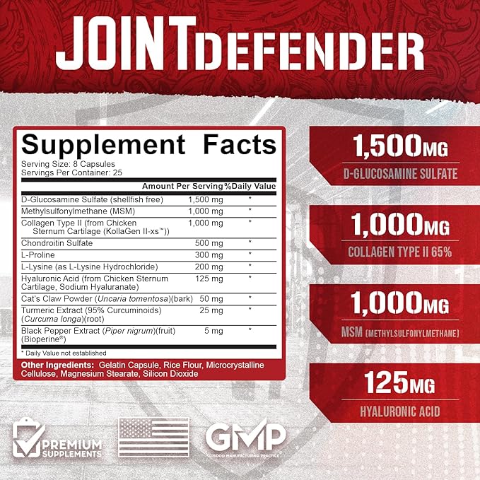 5% Nutrition Rich Piana Joint Defender Maximum Joint Support Supplement | Collagen Glucosamine Chondroitin Turmeric Curcumin with Black Pepper MSM Hyaluronic Acid | 200 Capsules 25 Servings