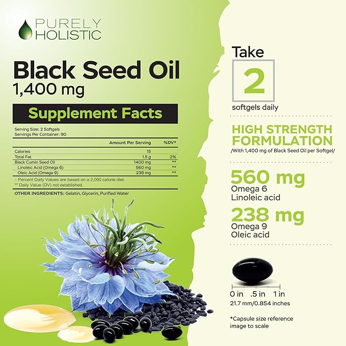 Purely Holistic Black Seed Oil 1400mg + Vitamin C 1000mg - 180 Softgels + 365 Capsules - Immune Bundle - Easy to Swallow - Made in USA