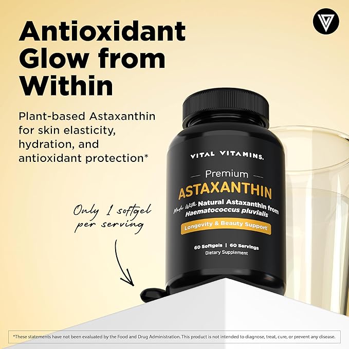 Vital Vitamins Astaxanthin 12mg Softgels - Made with Natural Astaxanthin - Supplement to Promote Skin Hydration Elasticity - Defends Cells Against Daily Damage - Vegan Made in the USA - 60 Soft Gels