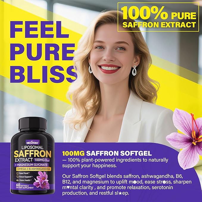 Nextdia Saffron Supplements - 100mg Liposomal High Absorption 100% Pure Saffron Extract with Magnesium Glycinate Omega-3 Turmeric Ashwagandha Vitamin B6 B12 D3 for Mood Brain - 60 Softgels.