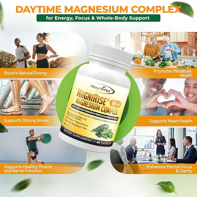 MoxyVites MagniRise™ AM– Magnesium Complex for Women &amp Men - 200mg Magnesium Bisglycinate Malate Citrate B6 Organic SuperGreens – Chelated High Absorption – Pairs with MagniRest™ PM – 60 Caps