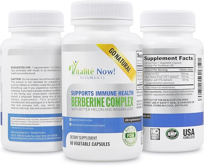 Vitalité Now! High Strength Berberine 500mg + Bitter Melon &amp Banaba - Immune System Health - Cardiovascular &amp Gastrointestinal Support - 60 Vegetarian Capsules