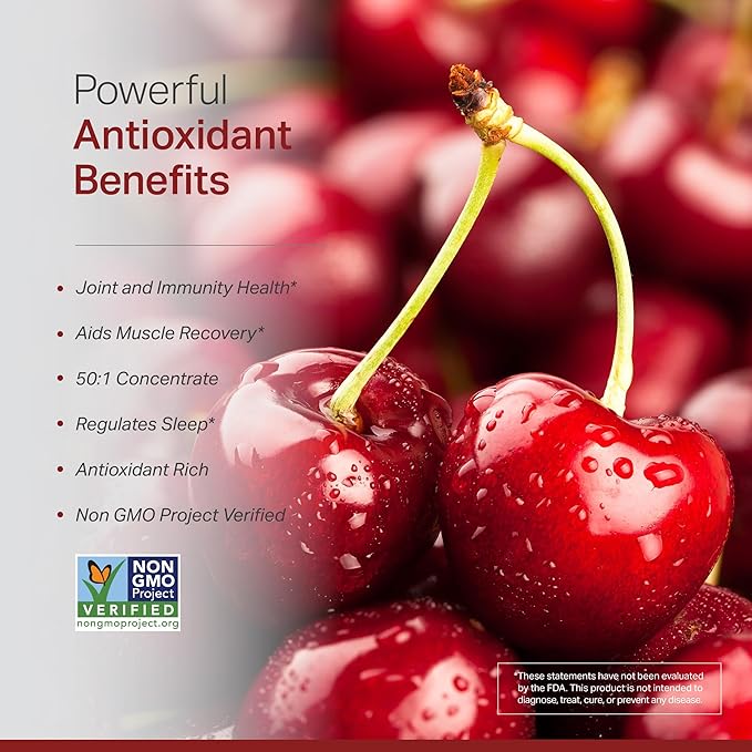 Montmorency Tart Cherry Non GMO Capsules - CherryPure 50:1 Concentrate eq. 25000 mg - Antioxidants &amp Flavonoids Tart Cherry Extract for Gout &amp Muscles - 120 Veggie Capsules - 4 Month Suppl