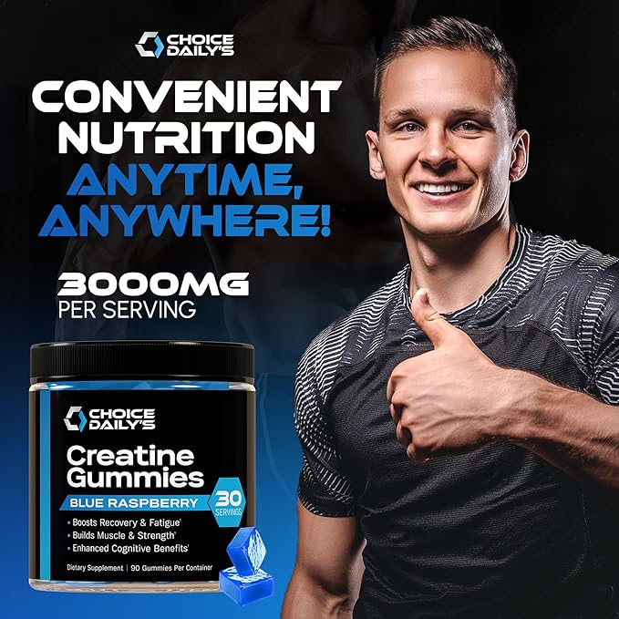 Creatine Gummies - 90 Vegan Friendly Chews - USA Made - Boosts Recovery - Builds Muscle - Enhanced Cognitive Benefits (Large Blue Raspberry)