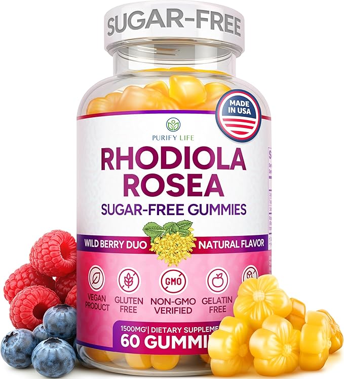 Sugar-Free Rhodiola Rosea Gummies (1500mg/Serving) Cortisol Detox &amp Adrenal Support Rhodiola Rosea Supplement for Mood Stamina &amp Performance Motivation Non-GMO 60 Vegan Chews