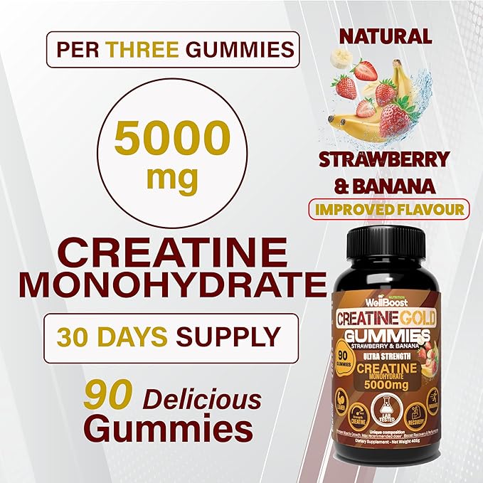 WellBoost Creatine Gold – 5000mg Creatine Monohydrate Vegan Sugar-Free Gummies for Lean Muscle Growth Endurance Recovery &amp Energy (1 Month Supply) in Starwberry and Banana Flavour.