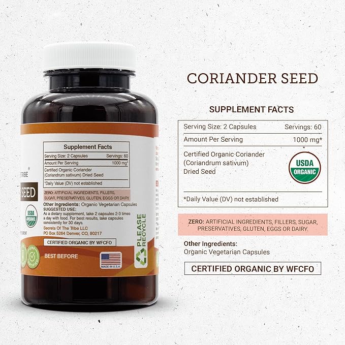 Secrets of the Tribe Coriander Seed 120 Capsules Made with Vegetable Capsules and USDA Organic Coriander Dried Seed (120 Capsules)