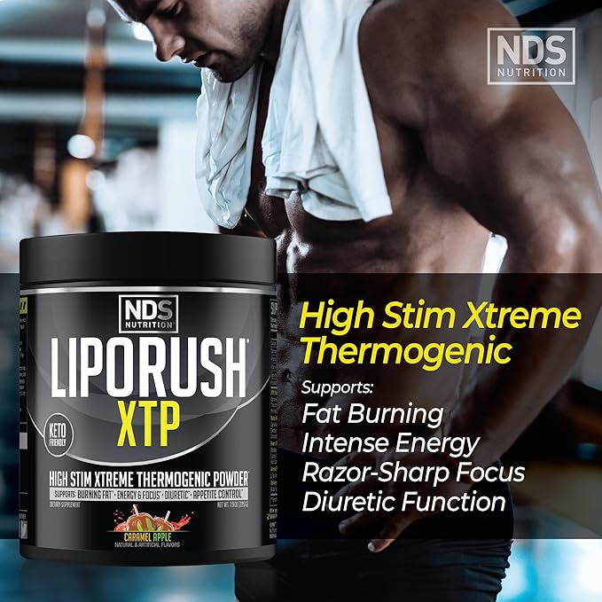 LIPORUSH NDS Nutrition XTP Thermogenic Fat Burner with L-Carnitine - Energy Focus and Appetite Control - Extreme Thermogenic Fat Burning Powder Weight Loss - Caramel Apple (45 Servings)
