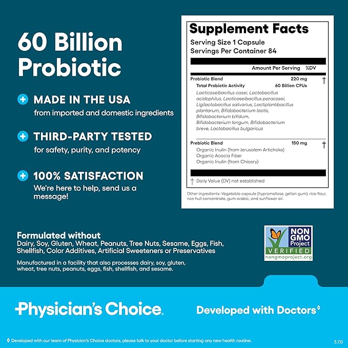 Physician's CHOICE Probiotics 60 Billion CFU - 10 Strains + Organic Prebiotics - Immune Digestive &amp Gut Health - Supports Occasional Constipation Diarrhea Gas &amp Bloating - for Women &amp M