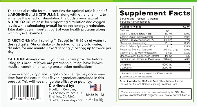L-Arginine 5000mg + L-Citrulline 2000mg Complex Powder Supplement Drink Mix - Nitric Oxide Booster for Heart Health Blood Flow &amp Energy - 30 Servings (Green Apple)