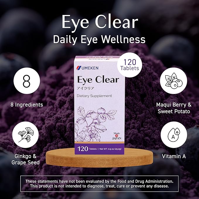 Umeken Eye Clear Dietary Supplement Blueberry Extract Lutein Zeaxanthin Ginkgo Vision Supplements for Adults Eye Vitamins 2 Months Supply 120 Tablets Pack of 120