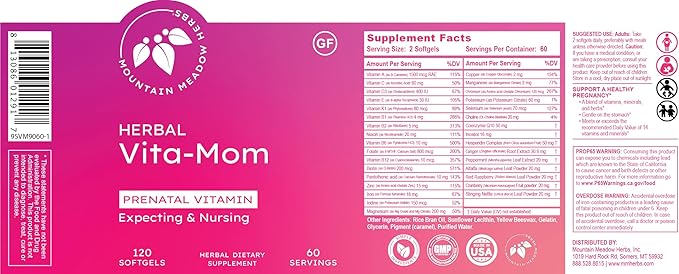 Mountain Meadow Herbal Vita-MOM Prenatal Vitamins – Herbal Supplement for Women with 5-MTHF Folate Iron Multivitamins &amp Organic Herbs – 120 Softgels (2-Month Supply)