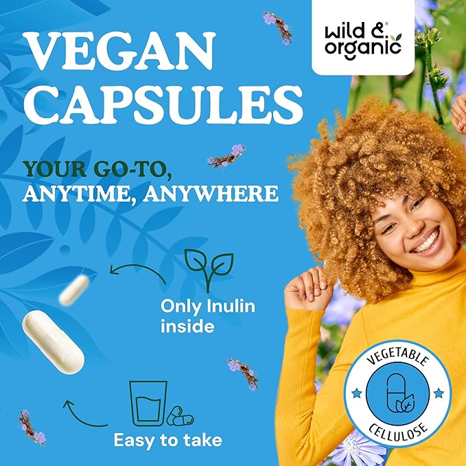 Wild &amp Organic Inulin Capsules 1400 mg - Digestive &amp Gut Support - Inulin Prebiotic Fiber Powder Supplement - Chicory Root Derived - Vegan No Fillers Non-GMO - 120 Count