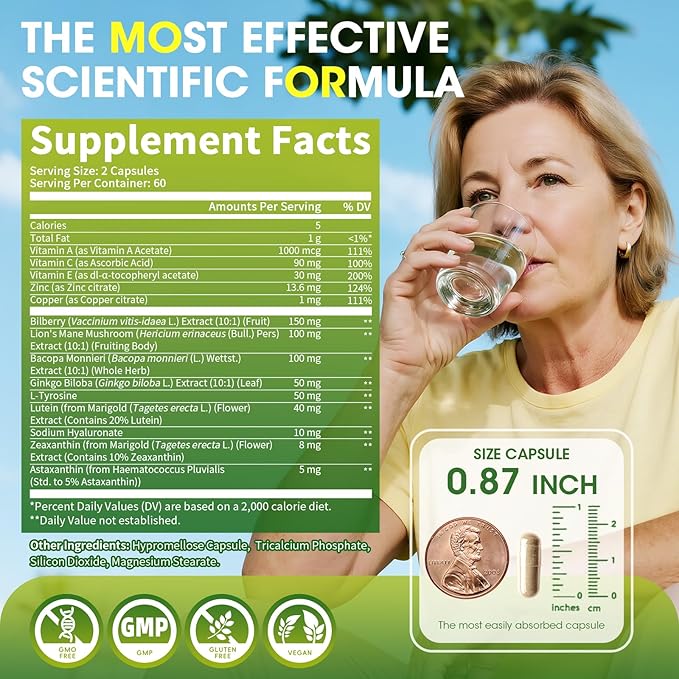 Eye + Brain Supplements for Memory and Focus Lutein 40mg Zeaxanthin Astaxanthin Bilberry Lion’s Mane Bacopa Monnieri Ginkgo Biloba 14 in 1 Eye Vitamins for Adults &amp Seniors 120 Capsules