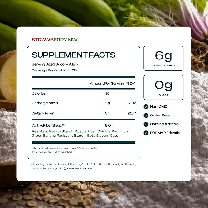 Prebiotic Fiber Supplement for Women &amp Men – 6g Prebiotic Fiber Powder – Daily Blend for Gut Health Bloating Regular Digestion &amp Energy – Soluble &amp Insoluble Sugar Free Strawberry Kiwi