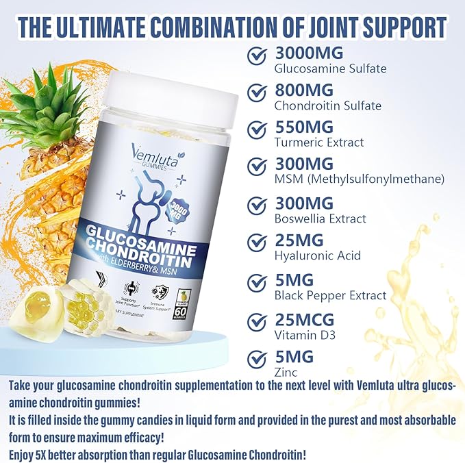 2 Packs Glucosamine Chondroitin Gummies - 3000MG Extra Strength Joint Support Supplement with MSM Flexibility Antioxidant Immune Support Gummy for Adults Men &amp Women - 120 Cts
