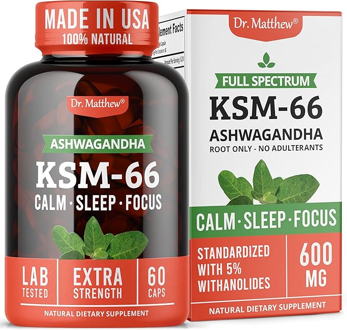 Ashwagandha KSM 66 Organic – KSM-66 ashwagandha 600mg Root Extract Full Spectrum Capsules | Standardized 5% Withanolides | Natural Stress Relief Cortisol &amp Sleep Aid Supplement | Muscle Growth &a