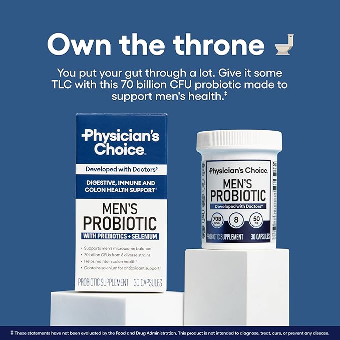 Physician's Choice Probiotics for Men - 70 Billion CFU - 8 Strains - w/Selenium &amp Organic Prebiotics - Supports Digestive Health Microbiome Colon &amp Immune Health - Advanced Men's Probiotic