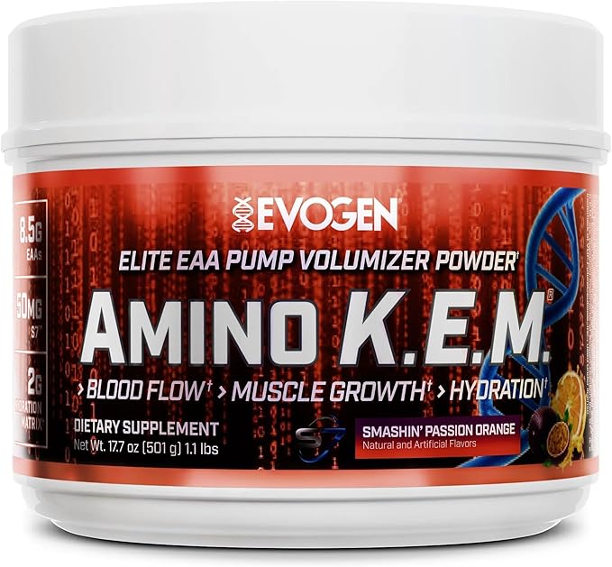 Evogen Amino KEM - Elite EAA Pump Volumizer | Supports Blood Flow Muscle Growth Hydration | Full Spectrum EAAs &amp BCAAs S7 Nitric Oxide Blend | Smashin' Passion Orange | 30 Servings