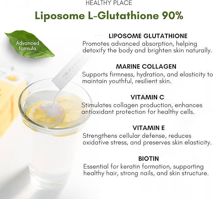 HEALTHY PLACE Double Toning White Liposome Glutathione Korean Beauty Supplement – Liposomal L-Glutathione Vitamin C 500 mg Vitamin E Biotin &amp Fish Collagen 500 mg Lime-Lemon Flavor – 30 Packet
