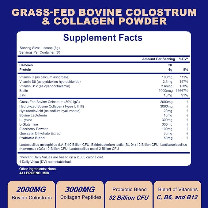 Grass-Fed Bovine Colostrum Collagen Powder for Women &amp Men Hydrolyzed Collagen Peptides Powder with Probiotics | Gut Health Immune Support Hair Skin Nail &amp Joint Support Supplement - Sug