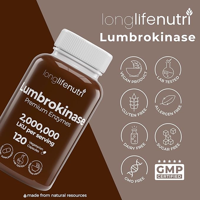 LongLifeNutri Lumbrokinase 100mg – Maximum Activity 2000000 Units Per Serving 120 Vegetarian Capsules 2-Month Supply Natural Enzyme Supplement for Circulatory Health Lab Tested Made in USA
