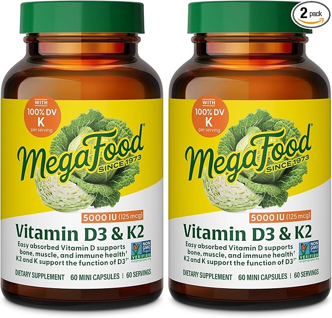 MegaFood Vitamin D3 5000 IU (125 mcg) - Vegetarian Supplements with Vitamin D3 K2 - Supports Bones Teeth Muscles &amp Immune Health - Certified Non-GMO - 60 Mini Capsules 60 Servings (Pack of 2)