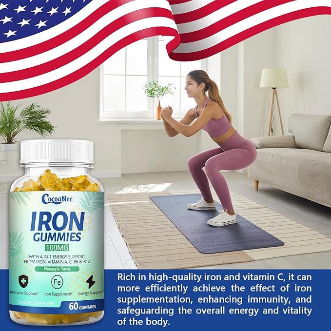 2 Pack 100MG Iron Supplements Gummies for Women &amp Men - Vitamin C A B12 - Complex Improve Absorption Energy Boost Iron Deficiency Anemia for Adults &amp Kids - Complex Folate Zinc 120Cts