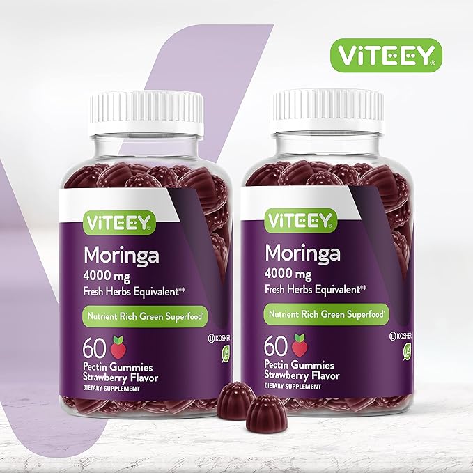 Viteey Moringa Gummies - 4000mg [from 400mg of 10:1 Extract] of Moringa Supplement Super Greens Gummies - Antioxidant Wellness and Digestive Support - Vegan Gluten Free - 120 Count