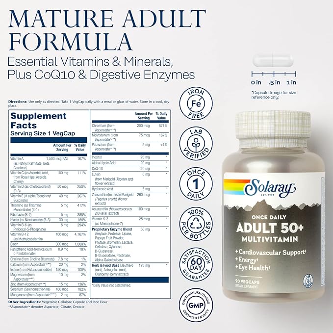 Solaray Once Daily Adult 50+ Complete Multivitamin for Women &amp Men Essential Vitamins &amp Chelated Minerals for Healthy Energy Heart Brain &amp Immune Support With CoQ10 &amp Lutein Iron