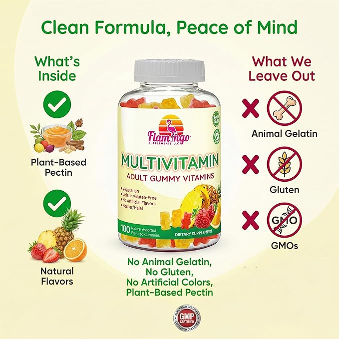 Flamingo Supplements Multivitamin Gummies | Vegan Friendly Kosher Halal NO Gluten or Gelatin no GMO| for Men Women &amp Kids| 3 Natural Flavors | Vitamins C B3 B12 Biotin Zinc &amp More| 100