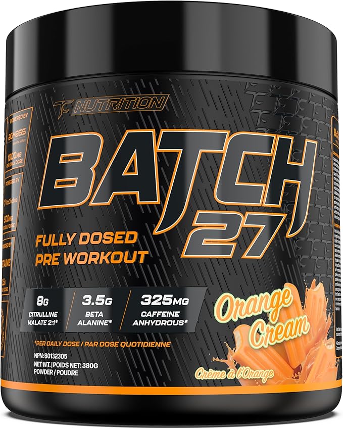 TC Nutrition Batch 27 Pre Workout Powder - 8g Citrulline 3.5g Beta Alanine 2.5g Betaine 325mg Caffeine | Instant Energy Focus Pumps &amp Strength | Nitric Oxide Booster 20 sv (Orange Cream)