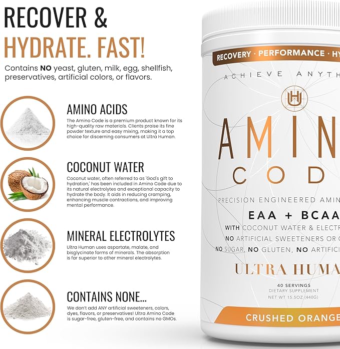 Ultra Human Amino Code | Essential Amino Acids + BCAAs + Coconut Water Electrolytes | Fast Hydration Workout Recovery Flavored Amino Energy Powder Drink | Clean Formula 40 Servings - Crushed Orange