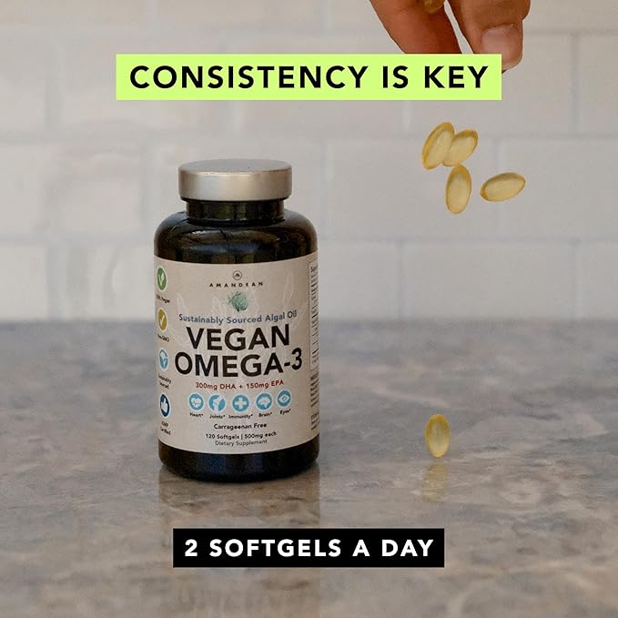 AMANDEAN Vegan Omega 3 Supplement. Premium Fish Oil Alternative. Algae DHA &amp EPA. Carrageenan Free Softgels. Algal Essential Fatty Acids. Plant Based Heart Brain Eye Skin Immune Support. (60ct