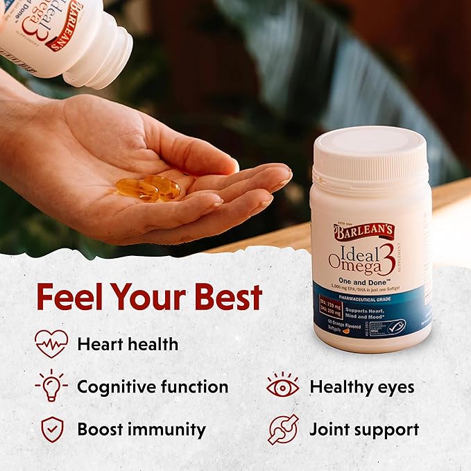 Barlean's Ideal Omega 3 Fish Oil Supplement 1000 mg Softgels Pharmaceutical Grade EPA &amp DHA for Brain Joint &amp Heart Health Orange Flavor 60 ct