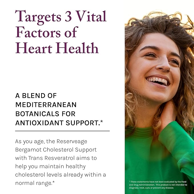 Reserveage Beauty Bergamot Cholesterol Support with Resveratrol - Antioxidant Supplement for Cardiovascular Support &amp Heart Health - Vegan &amp Non-GMO - 30 Capsules (30 Servings)