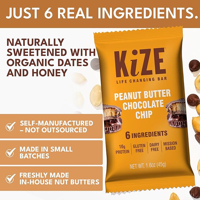 KiZE Energy Bars - Peanut Butter Chocolate Chip - 20-Count - Gluten Free Dairy Free Non-GMO and High Protein Meal Replacement Energy Bars Clean and Simple Food Ingredients - 10g High Protein Snack