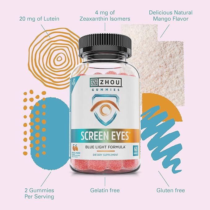 Zhou Screen Eyes Gummies - Lutein Gummies for Eye Health Lutein and Zeaxanthin for Adults &amp Kids Supports Eyesight Blue Light Vision Health Formula - 60 Count