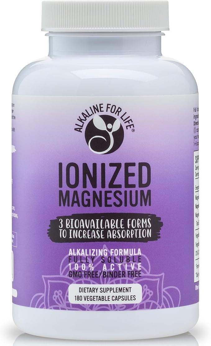 Alkaline for Life Ionized Magnesium Magnesium Glycinate Citrate Ascorbate Complex High-Absorption Magnesium Supplement Gentle Daily Support 180 Capsules