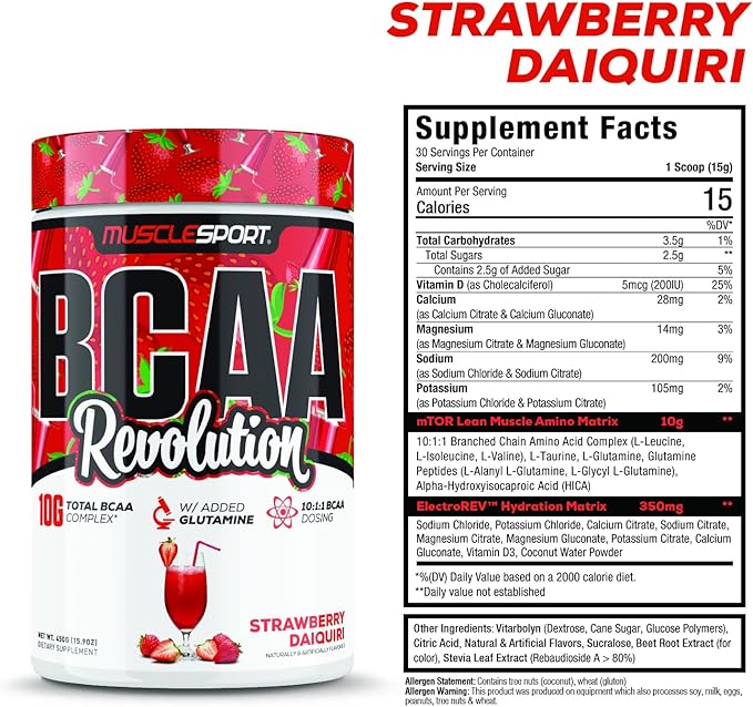 Musclesport BCAA Revolution Amino Acid Powder Supplement for Men &amp Women - Intra Workout Training Complex - Recovery Supplement… (Strawberry Daiquiri 30 Servings)