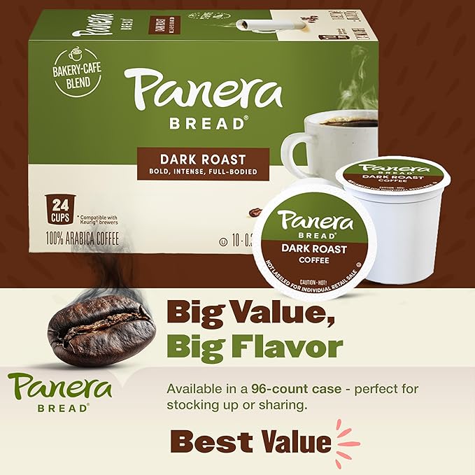 Panera Bread Dark Roast Coffee Pods 100% Arabica Compatible Bold &amp Smooth Dark Chocolate Finish Kosher Certified Recyclable Single Serve Cups 96 Single Serve Pods (4 Packs of 24)