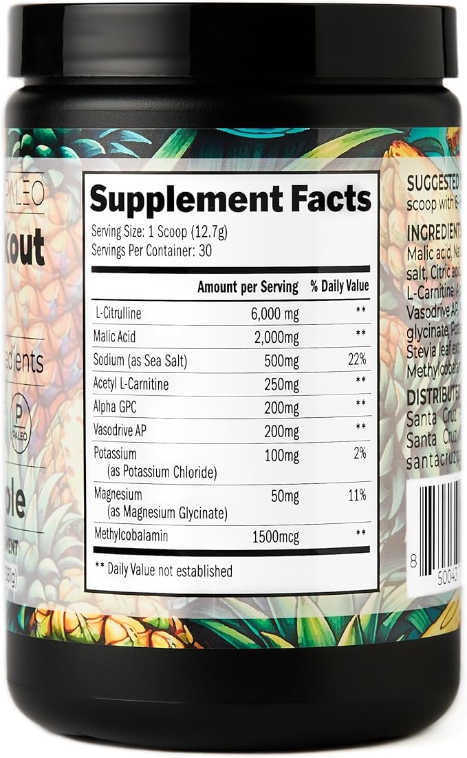 Santa Cruz Paleo Pre Workout Powder Electrolytes Magnesium Potassium Sea Salt &amp L Citrulline Caffeine &amp Sugar Free Preworkout Drink Mix for Energy &amp Hydration Pineapple Flavor 30 Ser