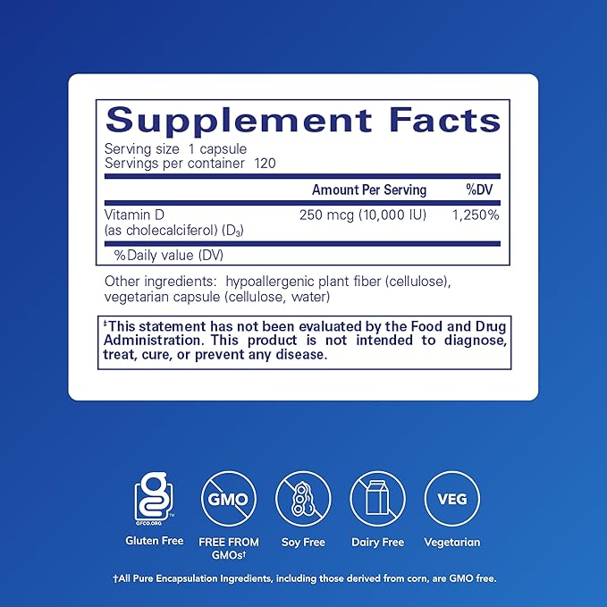 Pure Encapsulations Vitamin D3 250 mcg (10000 IU) - Supplement to Support Bone Joint Breast Heart Colon &amp Immune Health - with Premium Vitamin D - 120 Capsules