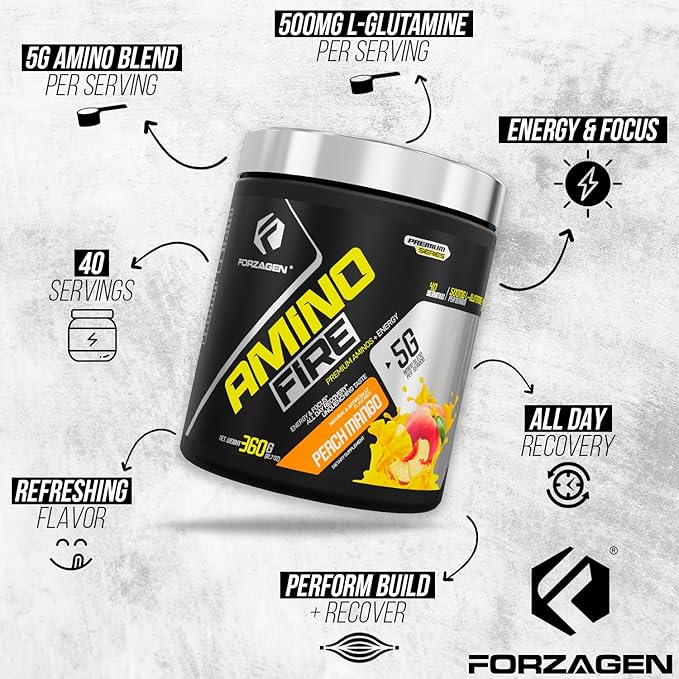 Forzagen Amino Fire | Essential Amino Energy Powder for Pre-Workout | BCAA Energy Boost &amp Muscle Recovery Drink Mix Enhance Focus &amp Concentration Dietary Supplement | Peach Mango 40 Serving