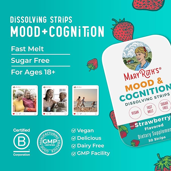 Mood &amp Cognition Dissolving Strips by MaryRuth's | Vitamin B12 | Vitamin B6 | Saffron | Folate | B Vitamins | Sugar Free | Strawberry Flavor | Vegan | Gluten Free | Dairy Free | 30 Count