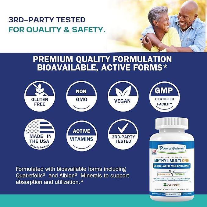 Power By Naturals Methyl Multi One – Iron-Free Methylated Multivitamin with 5-MTHF Methyl B12 &amp CoQ10 – Methylation Support for Men &amp Women – Vegan Non-GMO – 60 Capsules (2-Month Supply)